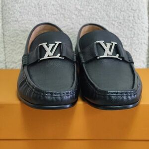 Louis Vuitton Black Leather Slip-On Loafers with Monogram